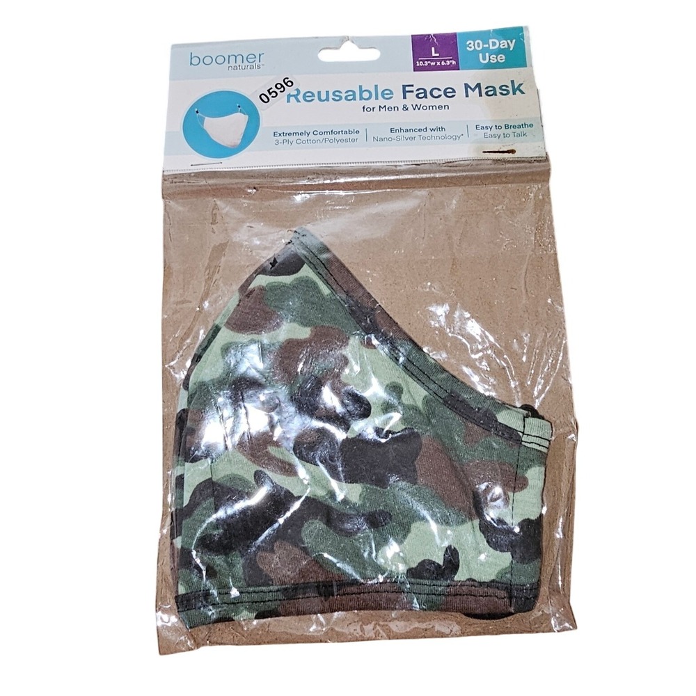 Boomer Naturals Reusable Face Mask Camo Nano-Silver 3-Ply Cotton Blend Large 596